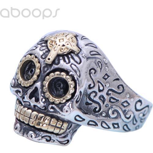 Bicolor 925 Sterling Silver Biker Skull Ring with Gold Cross for Men,Adjustable Size 8.5-11,Free Shipping