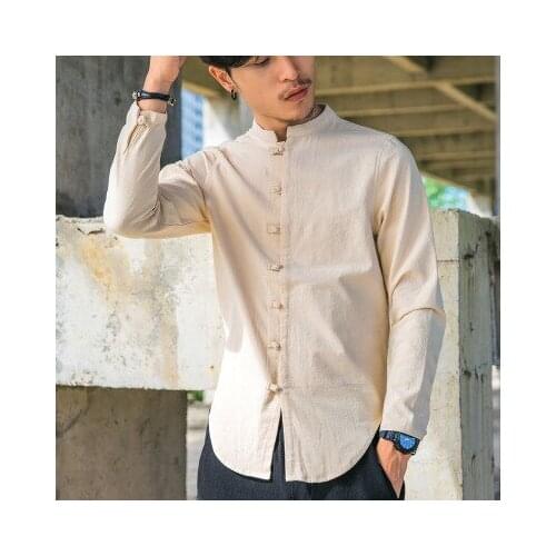 T Shirt Tops M-5Xl 2021 Spring New Mens Solid Linen Shirt Chinese Style Mandarin Collar Male Long Sleeve Slim Fit Linen