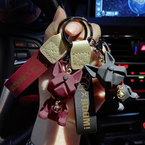 Geometric Resin Bulldog Keychain Bell Trinket Red Black Pendant Cute Bag Phone PVC Lanyard Men Women Car Key Ring Couple Gift