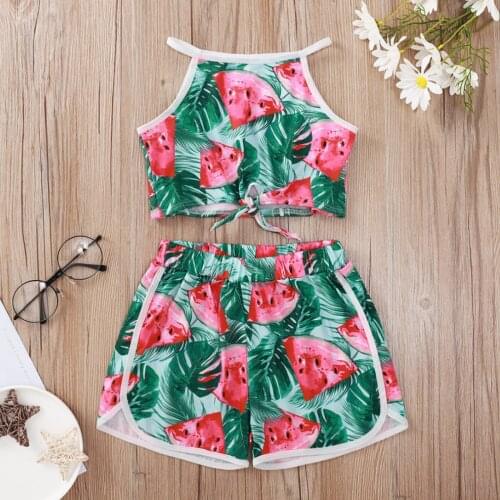 Kids Baby Girls Summer Clothes Watermelon Print Crop Top+Floral Shorts Sets Summer Children Girls Clothes 3 4 5 6 7 8 Years