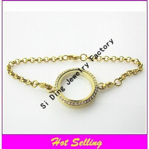 Hot selling stainless steel twist floating charm locket bracelet gold screw open with crystals memory locket 30mm