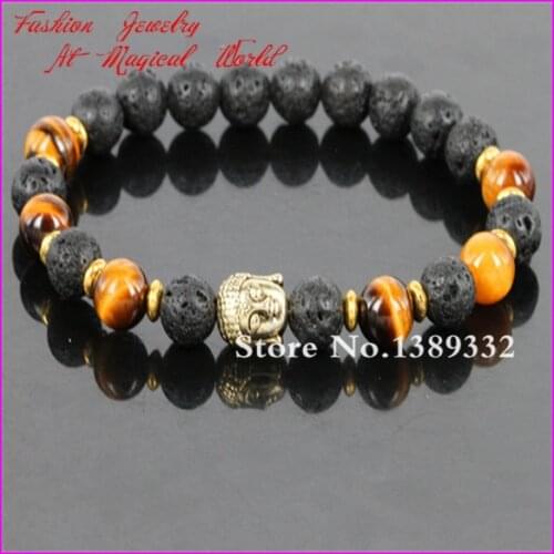 Mens Buddha bracelet, Nature Lava Stone Beads with Tigers Eye Bracelet,Gold Buddha Energy Yoga Stretch bracelet