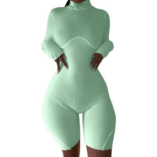 XLLAIS Cotton Ribbed Mint Sexy Long Sleeve Good Stretch Playsuits Woman Tight Rompers Breathable Jumpsuits
