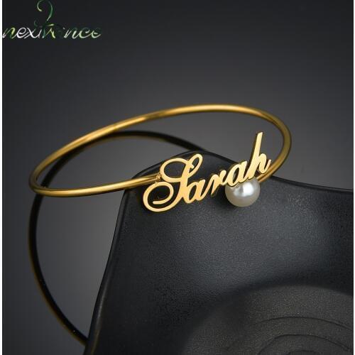 Nextvance Stainless Steel Customized Name Charm Adjustable Bracelet Gold Personalized Pearl Bangles for Lovers Birthday Jewelry
