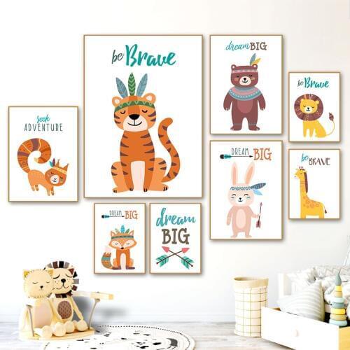 Tribe Lion Tiger Rabbit Bow Arrow Cartoon Wall Art Canvas Painting Nordic Posters And Prints Wall Pictures Baby Kids Room Decor