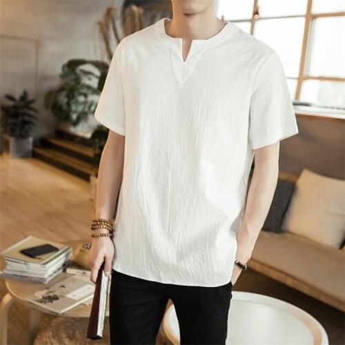 Men Hot Fashion 2020 Summer Shirts Mens Cotton Linen Solid V-Neck Short Sleeves Shirts Tops Blouses Plus Size M-7XL 8XL