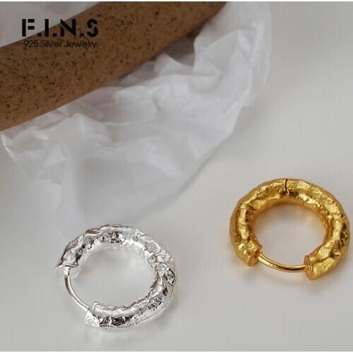 F.I.N.S ONLY 1PC 100% S925 Sterling Silver Wrinkle Texture Hoop Earrings Female Uneven Round Circle Bold Hoops Fine Earrings