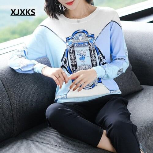 XJXKS 2020 autumn winter new high quality wool knitted sweater women pullover round neck long sleeve women printed sweater