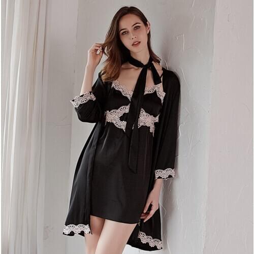 Summer New Silk Satin Chiffon Womens Nightgown Two Piece Suit Sexy Charming V-neck Suspender Nightdress Sleepwear Women Set