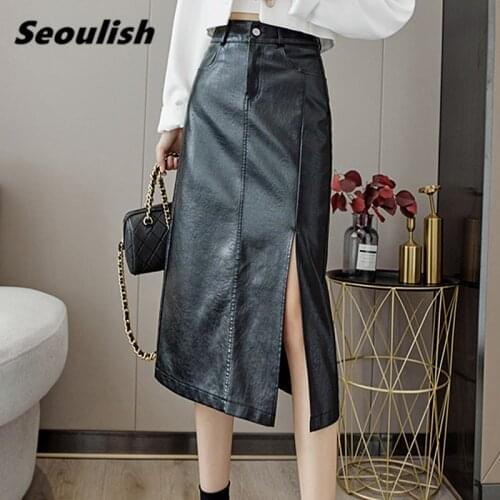 Seoulish 2021 New Autumn Winter Black PU Leather Wrap Skirts for Women High Waist Elegant Side Split A-line Midi Skirts Female