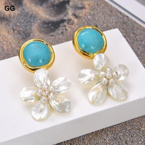 GuaiGuai Jewelry Handmade Blue Turquoise White Shell Flower Stud Earrings For Women