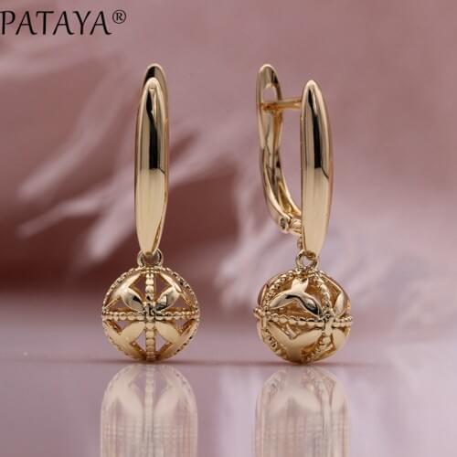 PATAYA New Spherical Long Unusual Earrings 585 Rose Gold Hollow Dangle Earrings Women Engagement Wedding Trendy Fashion Jewelry