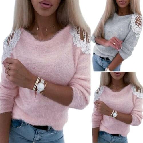 Womens Lace Cold Shoulder Sweater Casual Long Sleeve Jumper T-Shirts Blouse Tops
