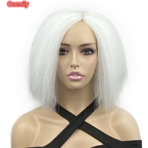 Onemily Yaki Straight Short Shaggy White Women Cosplay Wig Fashion Natural Girls Halloween Costume Party Wigs