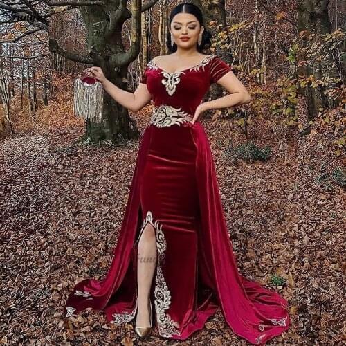 Wine Red Velvet Caftan Marocain Formal Dress Mermaid Detachable Skirt Gold Lace Robes De Soirée Women Prom Party Evening Gowns