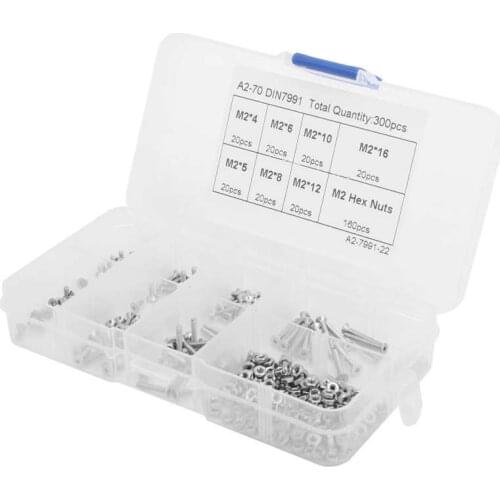 300pcs M2 Hex Screw and Nut Set Countersunk Head Socket Stainless Steel Assortment Kit Screw and Nut