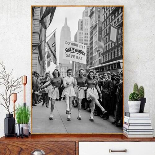 Black and White Old Photo Skated Girls Poster Roller Skating Funny Skate To Work Canvas Painting Wall Art Decor
