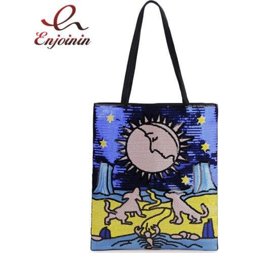 Black & Blue Cartoon Character Sequins Women Leather Purses and Handbags Shopping Bag Casual Tote Bag New Daily Shoulder Bag