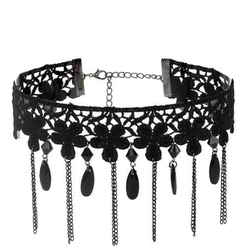 Poputton Gothic Black Lace Tassel Choker Necklaces for Women Boho Punk Tattoo Choker Necklaces Collar Bohemia Jewelry