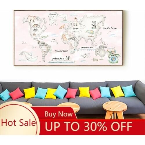Elegant Poetry Nordic Minimalist Style Kawaii Cute Animal World Map Canvas Painting Print Poster Picture Art Wall Home Decoratio