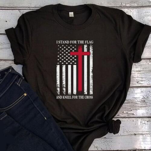 I Stand for The Flag and Kneel for The Cross T Shirts Men New Arrival 2021 Best Jesus American Flag T Shirt Gothic Print T