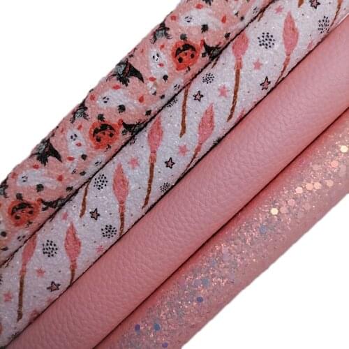 Pink Glitter leather, Pumpkins Ghosts Brooms Printed synthetic leather, Litchi Faux Leather Sheets For Bows DIY 21x29CM KM669