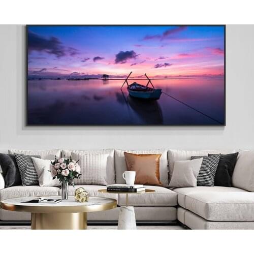 Boat on Lake Sunrise Canvas Painting Wall Art Pictures Landscape Posters and Prints for Living Room Quadro Home Decoration Salon