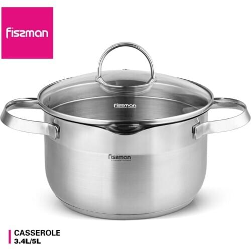 FISSMAN Stainless Steel Casserole with Glass Lid Two Side Handle Induction Bottom Stockpots