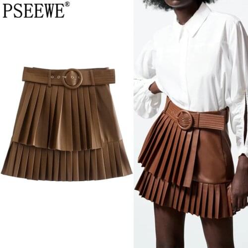 PSEEWE Za Brown Pleated Skirt Women Faux Leather Mini Skirts Woman High Waist A Line Skirt 2021 Fashion Belt Autumn Short Skirts