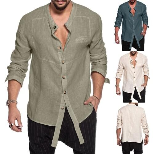 2020 Hot Sale European and American Mens Stand Collar Cotton Linen Mens Personality Fashion Casual Long Sleeve Shirt