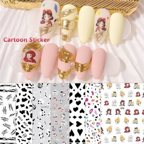 5 Sheets Cartoon Nail Art Stickers Self-Adhesive Decal Tip Wraps Princess Cow Poker Graffiti Design Manicure DIY Accessories