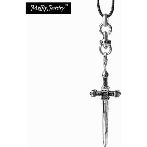 Sword Leather Rope Chain Pendant Necklace,Europe Style Punk Chains Fashion Gift Jewelry in 925 Sterling Silver For Men Women