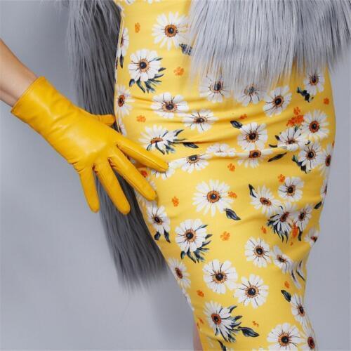 Touchscreen Real Leather Gloves 25cm Short Style Pure Imported Goatskin Female Plush Lining Ginger Yellow Goose Yellow WZP01