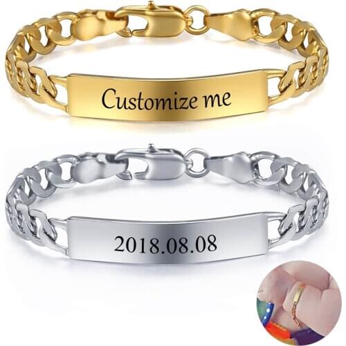Personalize Custom Baby Bracelet Gold Silver Color Figaro Link Name Birth ID Bangle Girls Boys Child Unique Gift GBM100