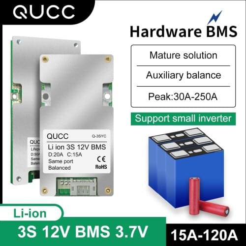 Qucc BMS 3S 12V 10A 15A 20A 30A 40A 60A 80A 100A 120A 18650 Balancer Lithium Battery Protection Board Equalizer Lipo Li ion BMS