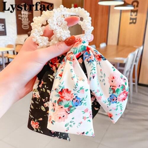 Lystrfac Pearl Scrunchies for Girls Print Fabric Ribbon Rubber Band Women Elastic Hair Bands Hair Tie Headwear Hair Accessories