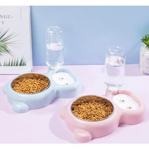 Pet Cartoon Gray Environmentally Friendly Plastic Bear Double Bowl Dual-use Dog Cat Food Container With Water Bottle Snack Bowl