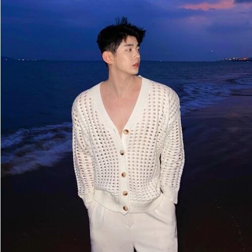 2021 Spring Summer Mens Thin Hollow Sweater Cardigan Coat Man Women Korean Streetwear Vintage Knitwear V-neck Top Sweater