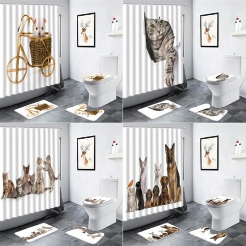 Funny Animals Cat Dog Shower Curtain Personality Pet Creative Bathroom Decor Flannel Carpet Toilet Cover Non-slip Bath Mats Set