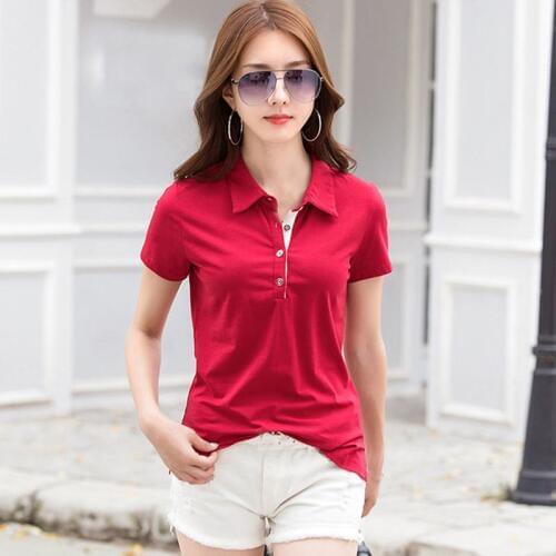 Fashion 2020 Summer Womens Short Sleeve Polos Shirts M-5XL Casual Solid Color Ladies Cotton Lapel Tees Female Slim Brand Tops