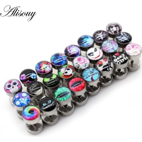 Alisouy 1 Pair Steel Color 24 Style Flower Skull Stainless Steel Men Stud Earrings Barbell Earrings Women Ear Plugs Piercing