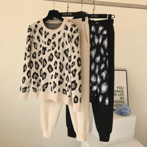 NAKKESHMEN Spring Women Knit Leopard Pullover Sweaters+Pants Sets Woman Fashion Jumpers Trousers 2 PCS Womans Costumes Outfit