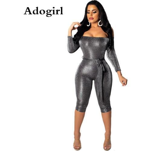 Adogirl Sexy Slash Neck with Bow Sashes Slim Playsuit Strapless Women Golden Silver Sequined Knee Length Bodycon Romper