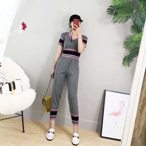 Womens Sets Casual Knit short sleeve Top and High Waist Harem pants Two Piece Set elegant knitting Sports pant suits for women