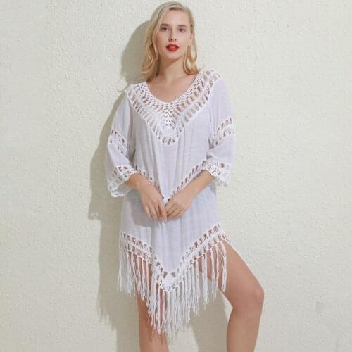 2021 Beach Dress Sexy Tassel Cover Ups Tunic Swimsuit Tropical Hollow Out Beachwear Solid Backless New Summer Swimwear