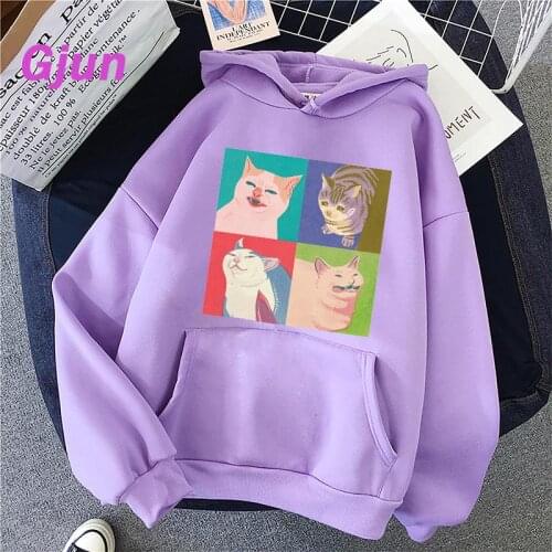 Winter Four Meme Cats Oversized Sweatshirt Men and Women Hoodies Harajuku Warm Pullover Drawstring Harajuku Plus Size Woman Top
