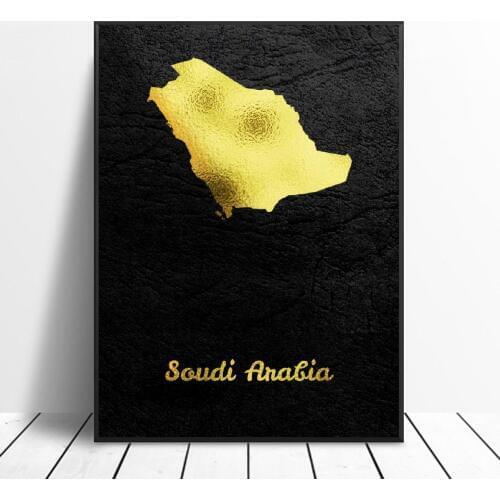 Golden Map Saudi Arabia Canvas Wall Art Print Modern Poster Wall Pictures Living Room Decor