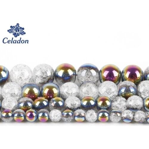 6/8/10/12mm One Side Plated Rainbow Color Cracked Crystal Natural Stone Beads For Jewelry Making DIY Bracelet Necklace