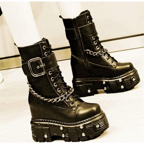 Punk Goth Military Ankle Boots Womens Platform Wedge Boots Party Cool Buckle High Heels Oxfords Creepers 34 35 36 37 38 39