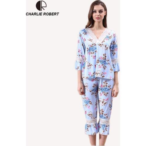 CR New Summer Women Pajama Set Kitted Cotton Sleepwear Spring V-neck Half Sleeve Top Calf-length Pants Drop Shipping AP409